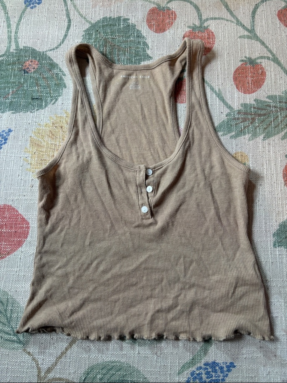 American Eagle Outfitters Ribbed Henley Tank Top in Tan cropped